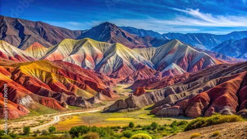 Vibrant multicolored mountain landscape in Quebrada de Humahuaca, Salta, Argentina, featuring rugged hills, scenic valleys, and distant Andean peaks under a clear blue sky. photo