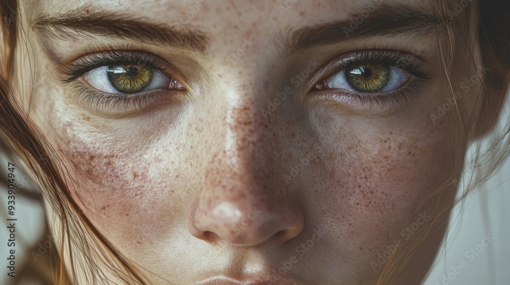 Close-up portrait of a woman's eyes and freckled face Close-up portrait of a woman's eyes and freckled face