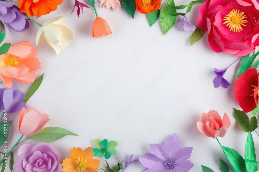 A vibrant frame of paper flowers in various colors arranged around a blank white center. A vibrant frame of paper flowers in various colors arranged around a blank white center.