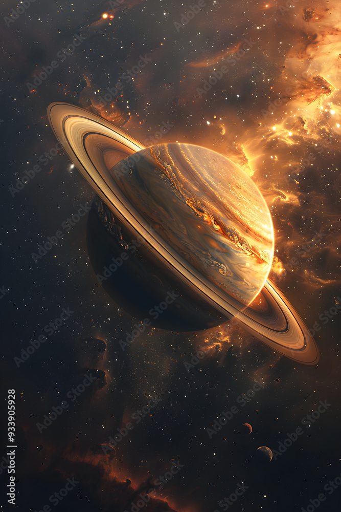 Naklejka premium Stunning Visualization of Saturn's Rings Under Starry Universe: An Ethereal Gaze into the Majesty of Our Solar System