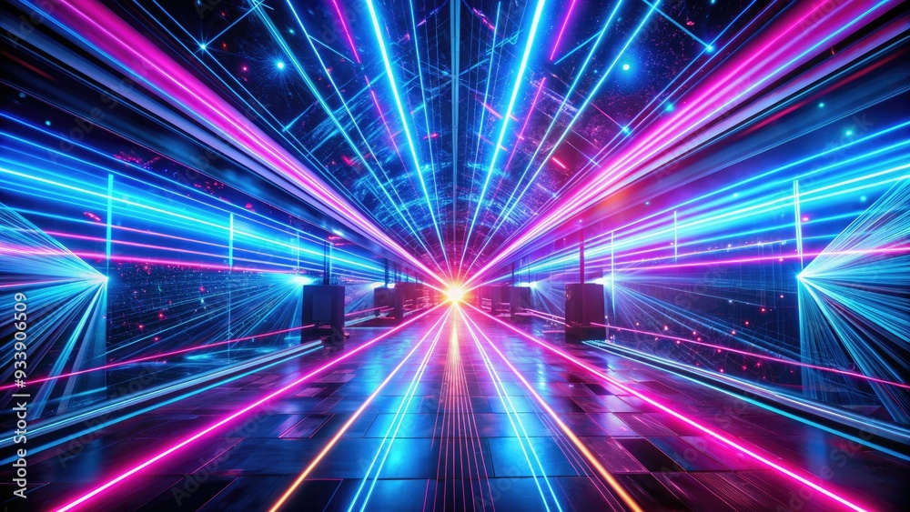 Vibrant neon lights swirl around a high-tech laser beam, creating a mesmerizing futuristic atmosphere with electric blue and pink hues illuminating a dark background. Vibrant neon lights swirl around a high-tech laser beam, creating a mesmerizing futuristic atmosphere with electric blue and pink hues illuminating a dark background.