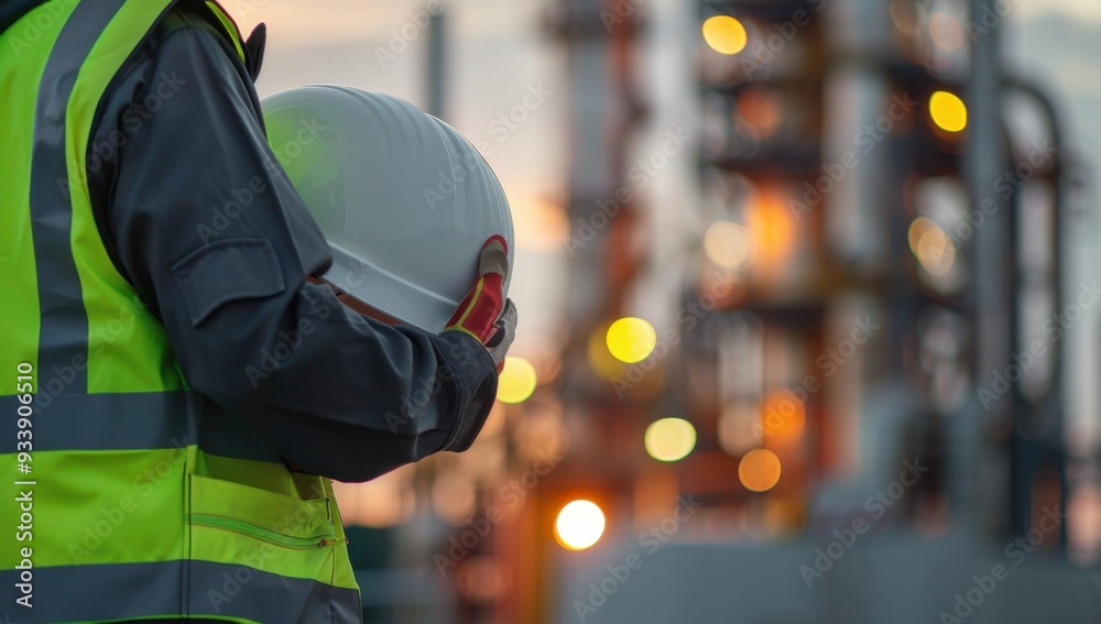 Close-up of an engineer wearing a high-visibility jacket and holding a white helmet In the background, there is a gas plant Generative AI Close-up of an engineer wearing a high-visibility jacket and holding a white helmet In the background, there is a gas plant Generative AI