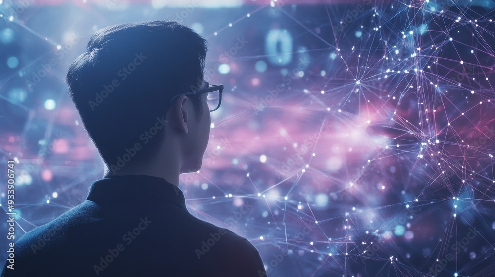 Silhouette of a Person Looking at a Network of Light