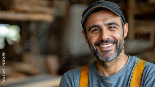 Middle Eastern Man Carpenter - man, smile, hat, carpenter, workshop, wood, worker, craftsman, beard, happy, adult, male, apron, casual, portrait, labor, profession