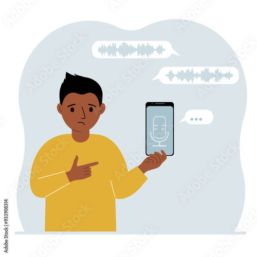 Little boy holding smartphone using voice assistant app. Voice recognition concept. Smart speaker applications, office controller, hands-free phone calls, voice command software. Vector flat illustrat