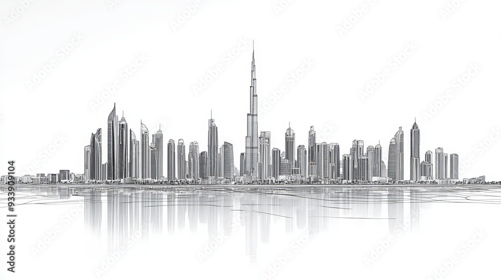 Obraz premium A line art vector illustration of the Dubai skyline, showcasing a panoramic cityscape.