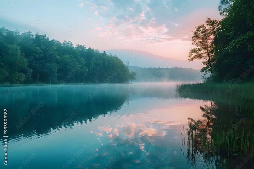 Fototapeta premium Serene Morning Reflections on a Tranquil Lake at Dawn
