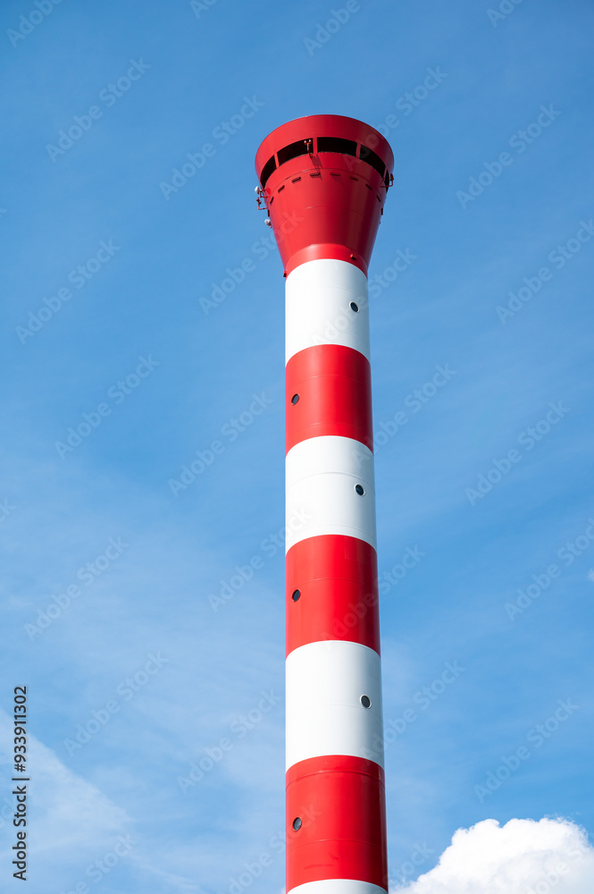 Hamburg, Germany, July 19, 2024 - Red and white ship chimney against blue sky Hamburg, Germany, July 19, 2024 - Red and white ship chimney against blue sky