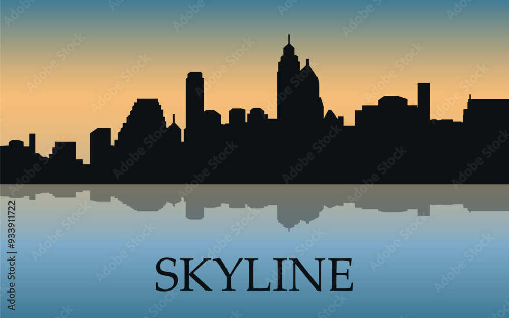 The city skyline. Black silhouette of the city skyline with a shadow. Vector on the background of sunset. The city skyline. Black silhouette of the city skyline with a shadow. Vector on the background of sunset.