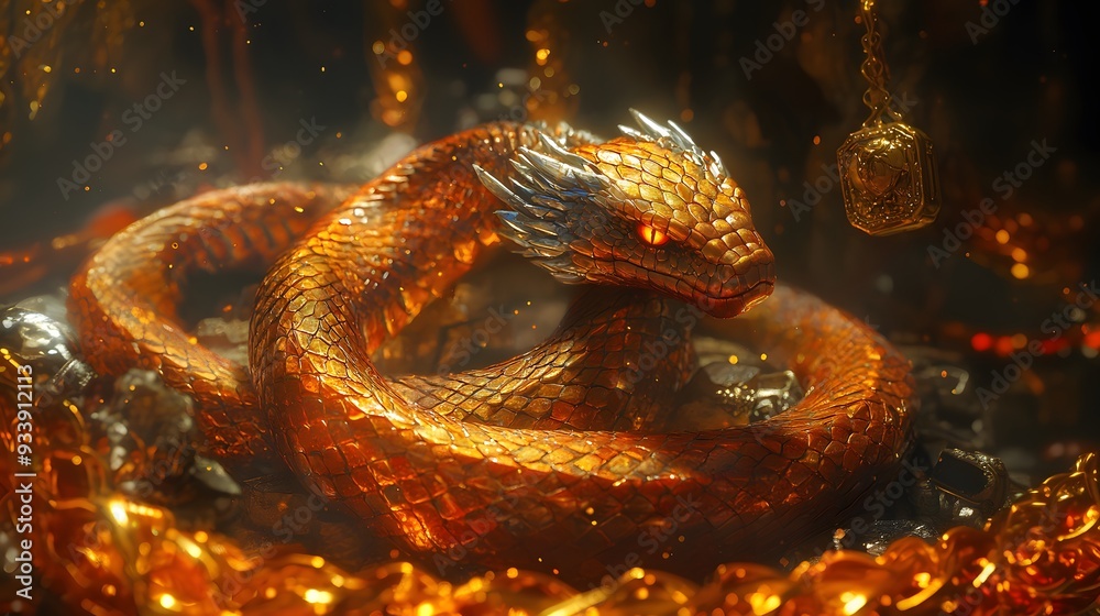 Ferocious Mythical Serpent Creature Coiled in Fiery Glow Ferocious Mythical Serpent Creature Coiled in Fiery Glow