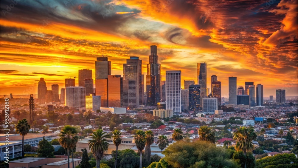 Obraz premium Vibrant orange hues illuminate the iconic Los Angeles skyline as the sun sets behind the city's towering skyscrapers, casting a warm glow over the urban landscape.