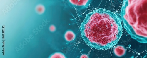 Breast cancer cell network, digital connections, blue and green tones