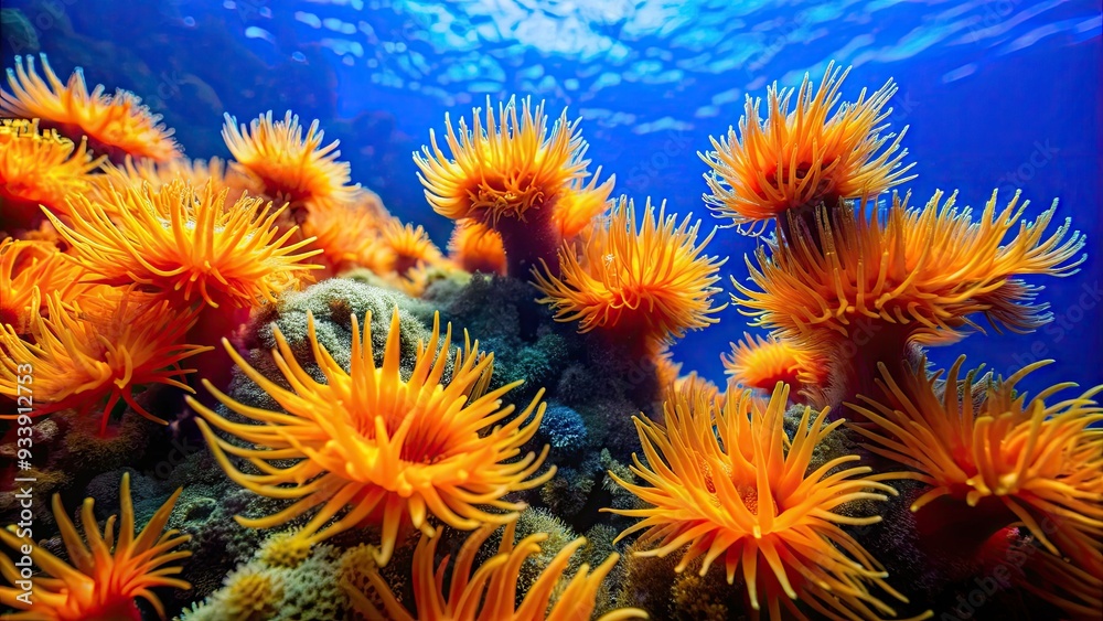 Vibrant orange Paramuricea clavata coral colonies wave gently in the ocean current, their feathery tentacles swaying softly in the blue water, Mediterranean Sea. Vibrant orange Paramuricea clavata coral colonies wave gently in the ocean current, their feathery tentacles swaying softly in the blue water, Mediterranean Sea.