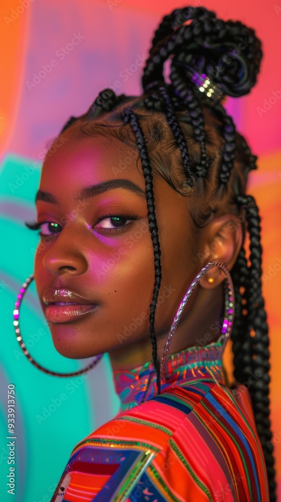Obraz premium African American woman with braided hair and hoop earrings, smiling brightly in outdoor setting. Her glowing skin and joyful demeanor are beautifully highlighted by natural sunlight.