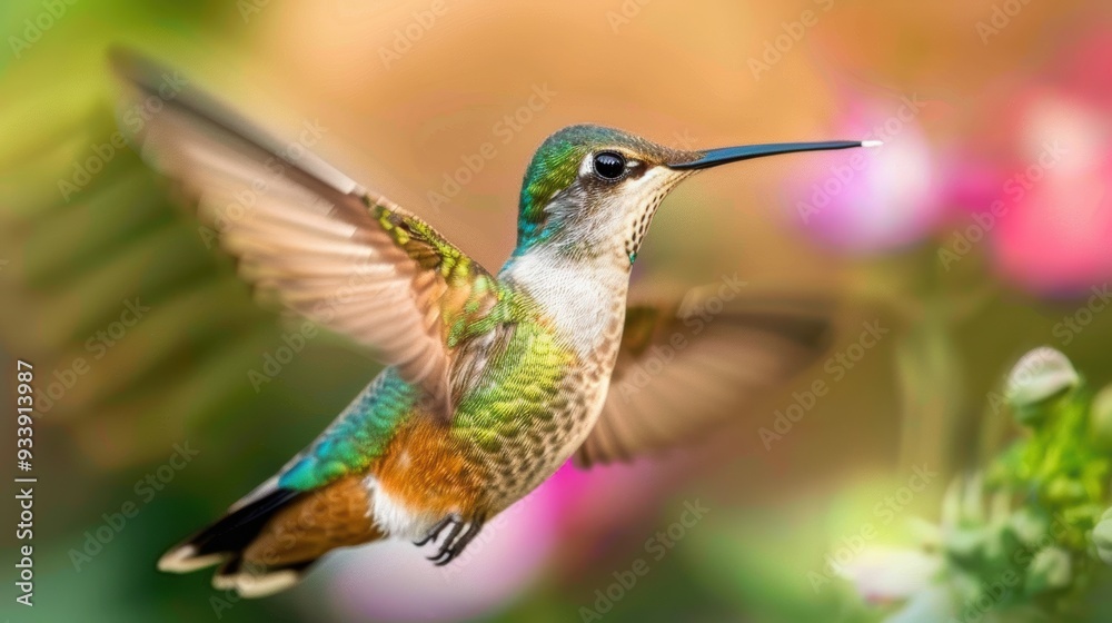 a hummingbird feeding on nectar, its shimmering feathers and delicate wings illuminated by the sun. Great for garden decor and educational resources. a hummingbird feeding on nectar, its shimmering feathers and delicate wings illuminated by the sun. Great for garden decor and educational resources.