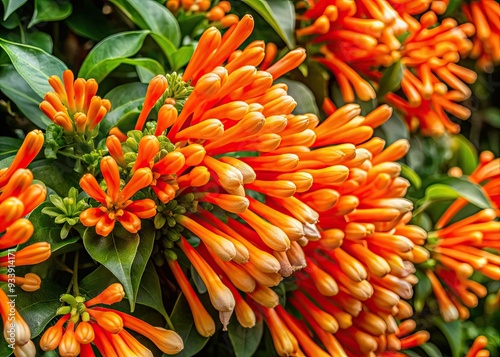 Vibrant orange trumpet-shaped flowers and lush green leaves of the evergreen flamevine plant, Pyrostegia venusta, thrive in a densely packed, vigorous, and climbing arrangement. photo