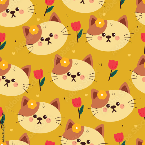 seamless pattern cartoon cat with flower. cute animal wallpaper for fabric print, gift wrap paper