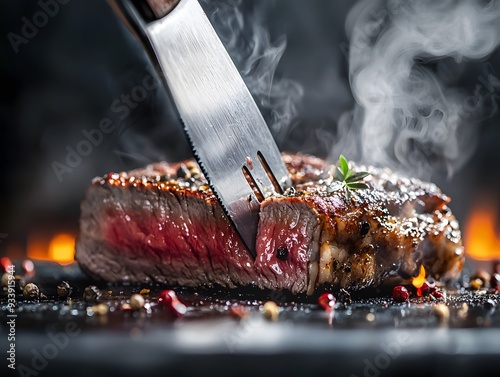 Sliced Juicy Steak Being Cooked with Sharp Knife on Smoky Grill