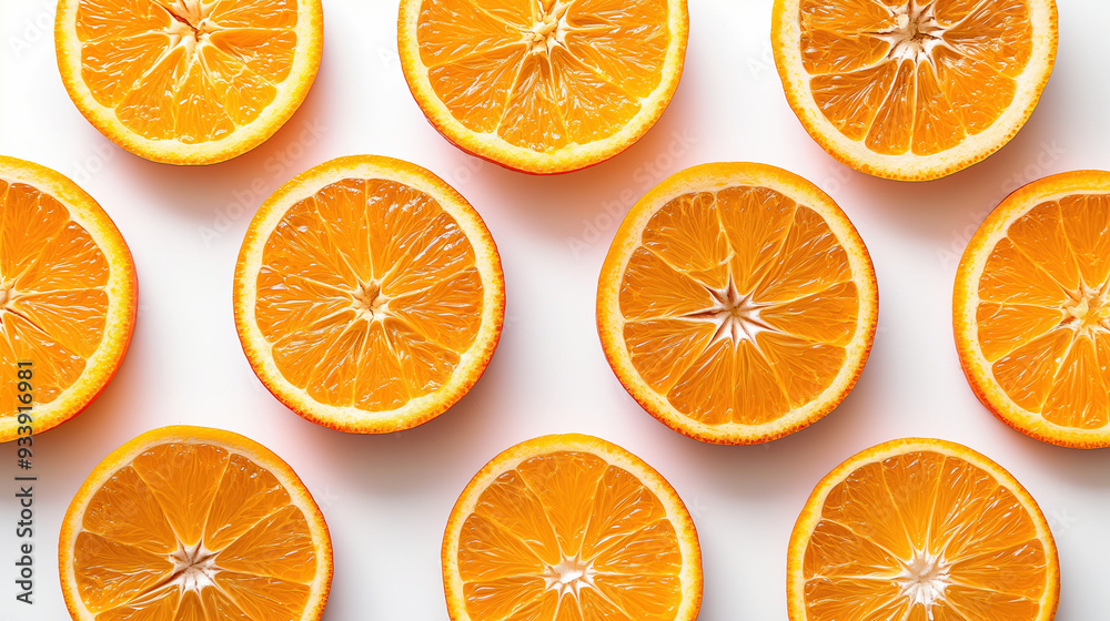 Slices of fresh oranges arranged in a grid pattern on a white background, highlighting their vibrant color and texture. Ideal for concepts related to freshness, citrus, and healthy eating. Slices of fresh oranges arranged in a grid pattern on a white background, highlighting their vibrant color and texture. Ideal for concepts related to freshness, citrus, and healthy eating.