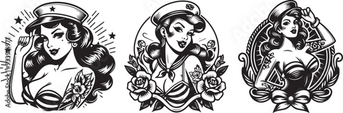 pin up girl portrait wearing sailor hat in black and white vector collection
