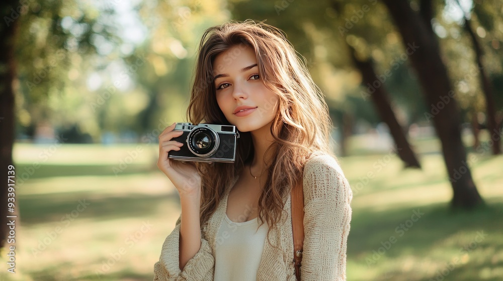 snapshot of a stunning young lady using a retro camera while she is standing in a park snapshot of a stunning young lady using a retro camera while she is standing in a park