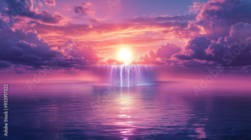 Magical Sunset over Ocean. Fantasy Serenity Moon Reflection. Tranquil Nature Wallpaper. Sunrise in Clouds over Water. Sun Reflection in the Sea. Misterious Romantic Landscape. Sunset or Sunrise.