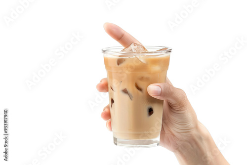 Female hand holding a glass of refreshing iced coffee Isolated on transparent background. Studio shot.