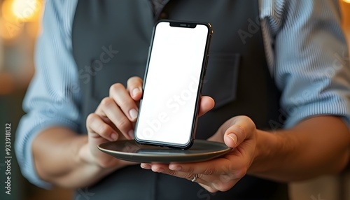 Image of hand holding blank screen cellphone, white backreacted wearing afron holding empty plate, waiter in neat uniform and clean aprounund,