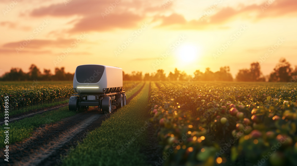 A sleek, autonomous AI assistant truck in an apple orchard, methodically harvesting apples with robotic precision. The truckâs advanced AI system identifies ripe apples, and roboti A sleek, autonomous AI assistant truck in an apple orchard, methodically harvesting apples with robotic precision. The truckâs advanced AI system identifies ripe apples, and roboti