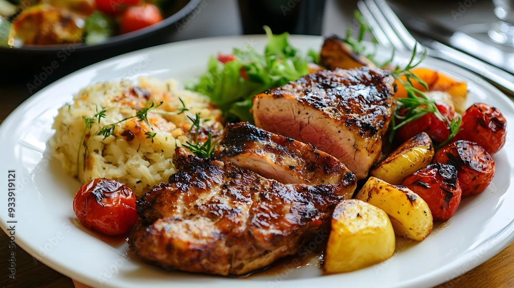 Delicious Dinner Plate with Succulent Meats and Roasted Vegetables Delicious Dinner Plate with Succulent Meats and Roasted Vegetables