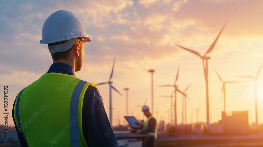 A wide-angle panoramic view of a modern windmill power station, with the focus on a line of wind turbines stretching into the distance. The turbines are shown in sharp detai, while A wide-angle panoramic view of a modern windmill power station, with the focus on a line of wind turbines stretching into the distance. The turbines are shown in sharp detai, while