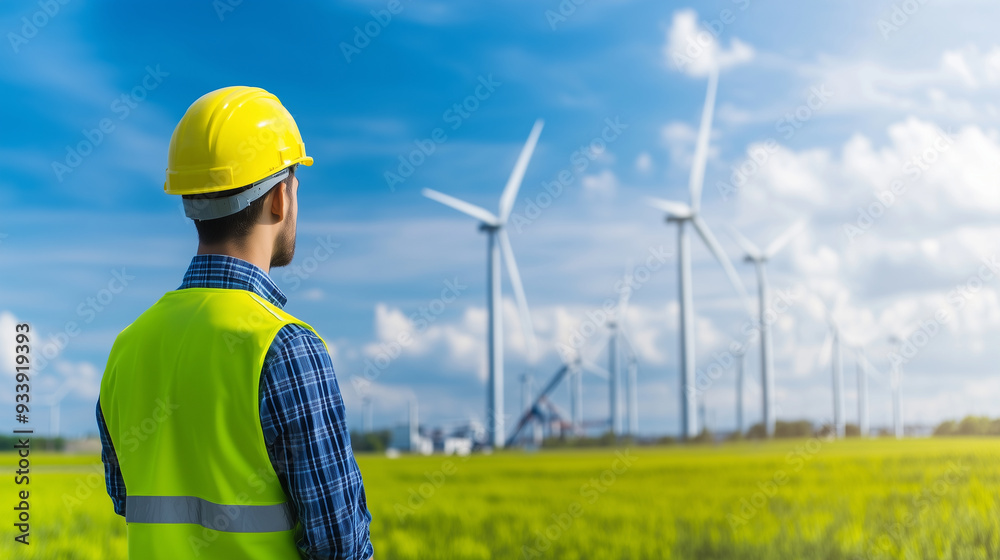 A wide-angle panoramic view of a modern windmill power station, with the focus on a line of wind turbines stretching into the distance. The turbines are shown in sharp detai, while A wide-angle panoramic view of a modern windmill power station, with the focus on a line of wind turbines stretching into the distance. The turbines are shown in sharp detai, while