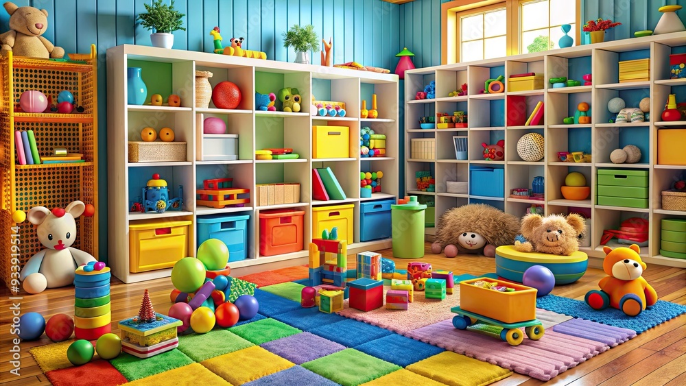 Fototapeta premium Vibrant playroom background with colorful toys, stuffed animals, building blocks, and educational materials scattered on shelves and floors, inspiring creativity and imagination in kids.