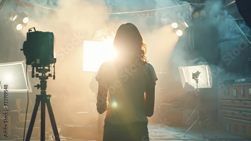 Movie production industry. Modern studio for shooting video advertising ad with light equipment. Film set. Behind the scenes of shot. Film crew working on Campaign with Actors. Silhouette of director.