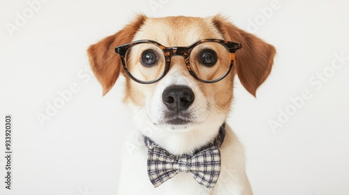 A cute dog wearing tortoiseshell glasses and a checkered bow tie, posing against a plain white background.