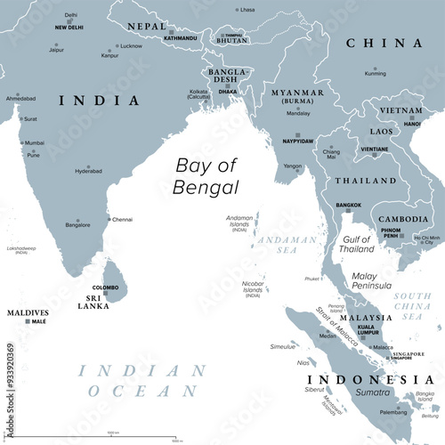 Bay of Bengal, gray political map. Northeastern part of Indian Ocean and largest bay of the world, positioned between the Indian subcontinent and Indochinese peninsula, located below Bengal region.
