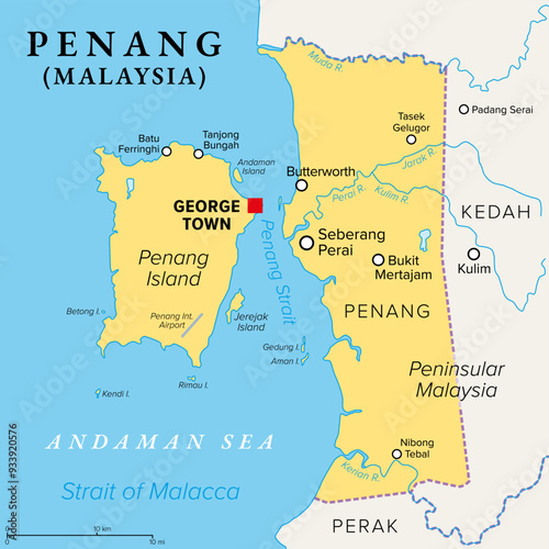 Penang, a state of Malaysia in Southeast Asia, political map. Located on the coast of Peninsular Malaysia along the Strait of Malacca in the Andaman Sea, with capital George Town on Penang Island.