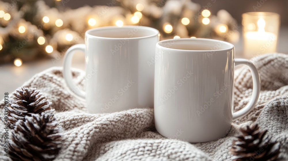 Two white mugs placed on a cozy blanket surrounded by pinecones and holiday decorations in a softly lit winter setting Two white mugs placed on a cozy blanket surrounded by pinecones and holiday decorations in a softly lit winter setting