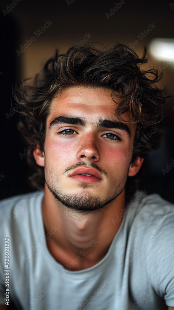 Fototapeta premium man, emotion, melancholy, handsome, portrait, close-up, dramatic lighting, black and white, monochrome, low key, shadows, contrasting, expressive, intense, powerful