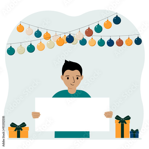 Celebration concept with garland, gift boxes and poster. A little boy smiles, rejoices and celebrates a birthday, name day, or a festive event. Vector flat illustration