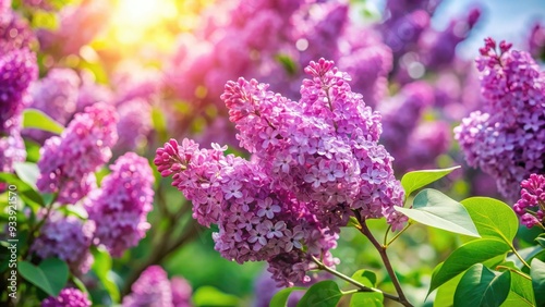 Vibrant purple flowers of lilac Syringa vulgaris bloom in a lush garden on a sunny spring day, filling the air with sweet fragrance.