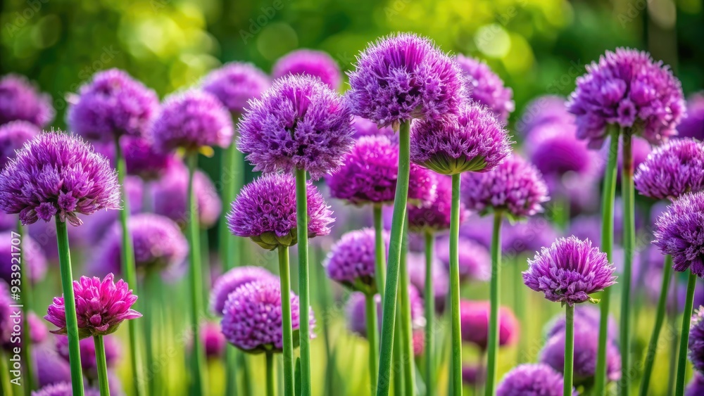 Obraz premium Vibrant purple garlic chive flowers bloom amidst lush green stems, adding a pop of color and freshness to any culinary or garden scene.