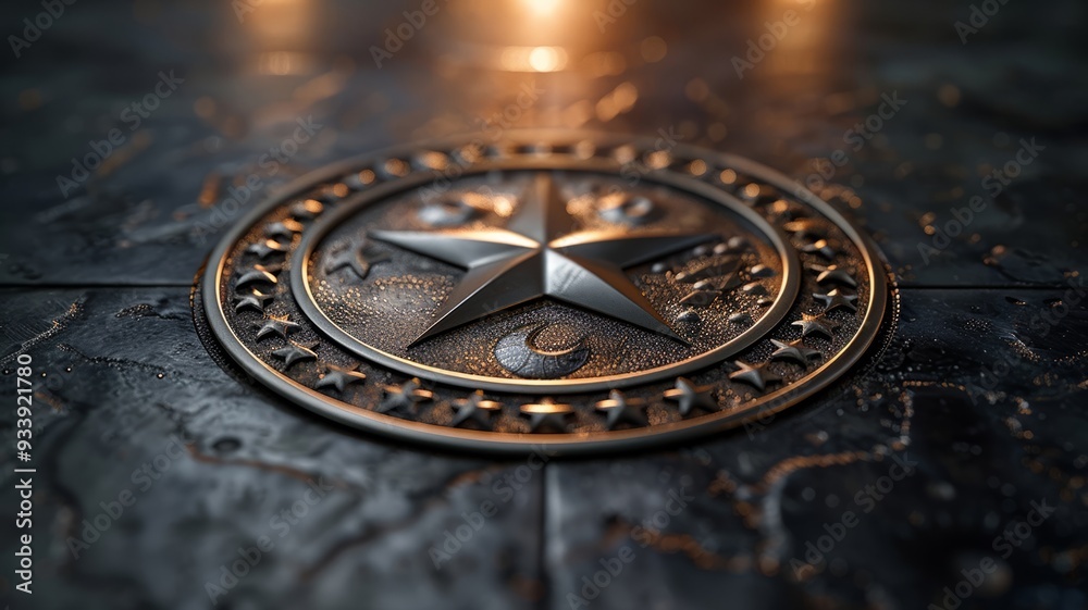 Star emblem on metallic surface close-up