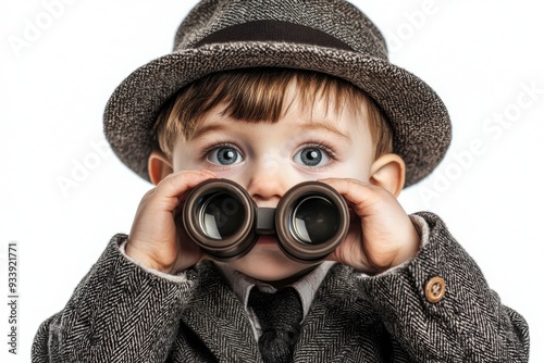 Little Explorer: A young boy dressed in a vintage suit and hat peers intently through binoculars, his bright blue eyes filled with wonder and curiosity.  photo