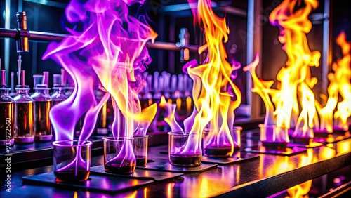 Vibrant purple strontium flames illuminate a dark laboratory background, highlighting the alkaline earth metal's reactive properties in a mesmerizing display of chemical combustion. photo