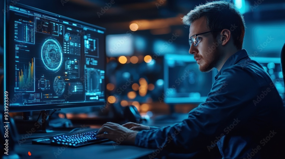 Man with Glasses Working on a Computer with a Blue Interface Man with Glasses Working on a Computer with a Blue Interface