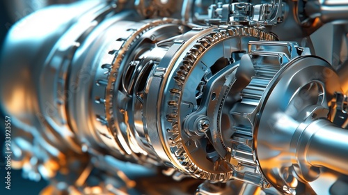 Close-up of a metallic gear system with intricate details