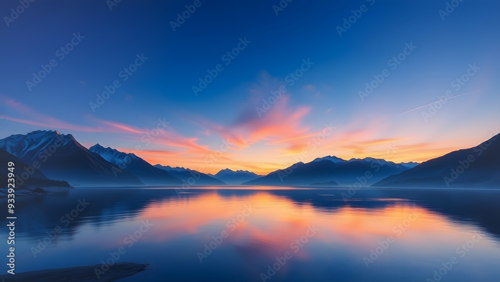 Fototapeta premium Majestic Twilight Sky Reflected in Calm Lake Amidst Mountains