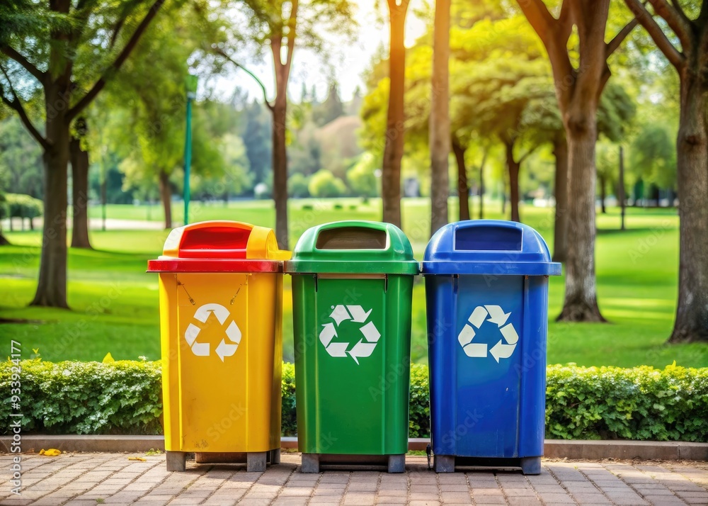 Vibrant recycling bins in a park encourage eco-friendly practices, featuring three color-coded trash cans for separate garbage collection and waste recycling, promoting sustainability. Vibrant recycling bins in a park encourage eco-friendly practices, featuring three color-coded trash cans for separate garbage collection and waste recycling, promoting sustainability.