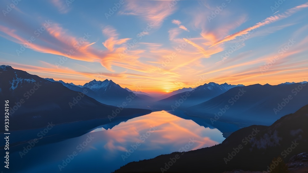 Obraz premium Majestic Twilight Sky Reflected in Calm Lake Amidst Mountains